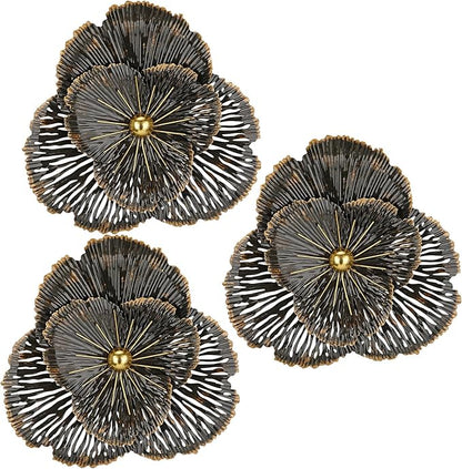 DILATATA 3 Pcs Metal Flower Wall Art Set 10 Inch Rustic Modern Floral Sculpture 3D Metal Flower Wall Hanging Accent for Indoor Living Room Bedroom Kitchen Bathroom Garden Patio Decor - Black