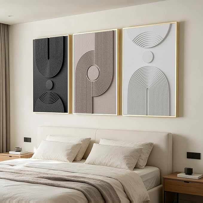Thalasse Large 3D Textured Framed Neutral Abstract Wall Art for Living Room, 3 Piece Modern Minimalist Artwork for Walls, Black White Beige Geometric Arches Pictures for Entryway Office Decor 24x36 In