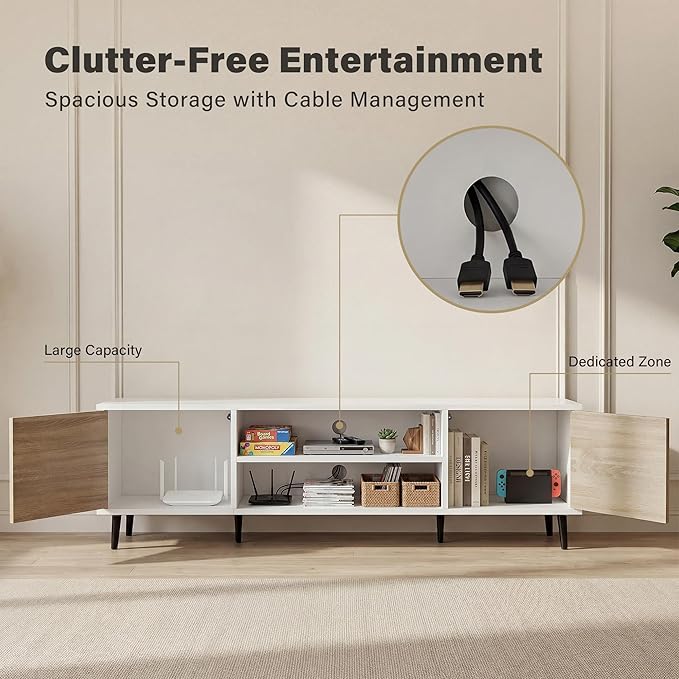 YESHOMY Mid-Century Modern TV Stand for 65-70 Inch TVs, 63 Inch Entertainment Center with Storage, Media Console with Push-to-Open Doors and Cable Management for Living Room, Bedroom(White and Beige)
