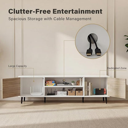 YESHOMY Mid-Century Modern TV Stand for 65-70 Inch TVs, 63 Inch Entertainment Center with Storage, Media Console with Push-to-Open Doors and Cable Management for Living Room, Bedroom(White and Beige)