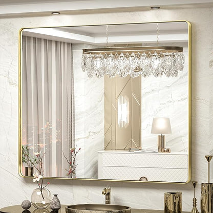TokeShimi 48x40 Inch Brushed Gold Bathroom Vanity Mirror for Wall with Non-Rusting Aluminum Alloy Metal Frame Rounded Corner for Farmhouse Modern Home Decor (Horizontal/Vertical)