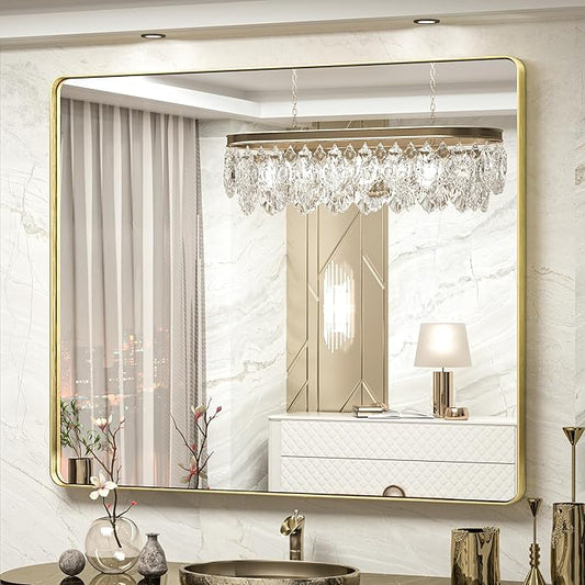 TokeShimi 48x40 Inch Brushed Gold Bathroom Vanity Mirror for Wall with Non-Rusting Aluminum Alloy Metal Frame Rounded Corner for Farmhouse Modern Home Decor (Horizontal/Vertical)