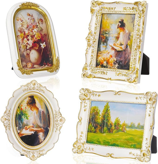 Geetery 4 Pcs Vintage Picture Frames Set, White Ornate Baroque Frames for Gallery Wall, Antique Victorian Decorative Photo Frame for Tabletop or Wall Display, Shabby Cottagecore Home Decor