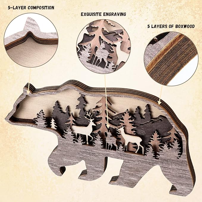 Honoson Forest Animal Rustic Wall Art Decor Wooden Farmhouse Wall Decoration Wooden Animal Decor Wood Forest and Mountain Ornaments for Cabin Bedroom Living Room Decor(Brown,Bear Style)