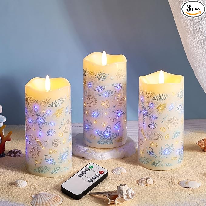 Eywamage Fiber Optic Flameless Pillar Candles with Remote Timer, Ocean Theme LED Battery Candles Home Decor Set of 3 Φ 3" H 6"