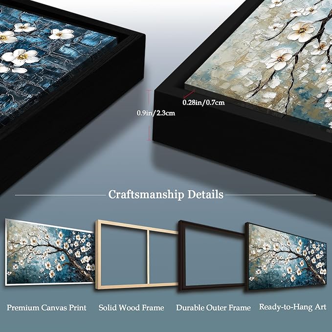 crmotu Large Plum Blossom Wall Art, Japanese Teal Tree Oil Paintings Prints Framed Artwork, Modern Blue Tree Pictures Wall Decor Living Room Bedroom Home Office, 32"x71"