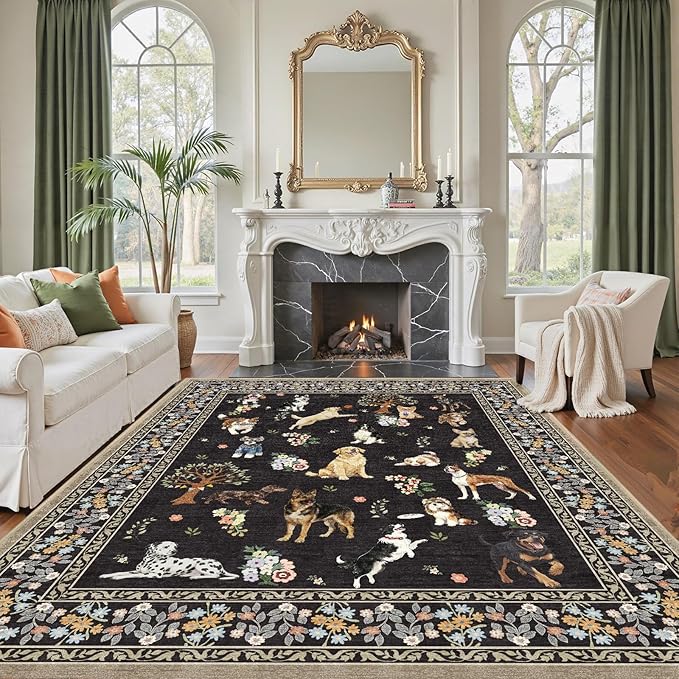 Washable Area Rug 8x10 Black, Large Soft Dog Rugs for Living Room Floral Carpet Dogs Area Rugs for Bedroom Dining Room Non-Slip Stain Resistant Under Table Rug