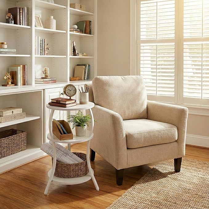 YEAKOO Vintage Small Round Side Table, 3-Tier Slim Waist Circular End Table with Storage Shelf, Compact Tea Sofa Table, Round Corner Coffee Table Nightstand for Living Room Bedroom Small Spaces,White
