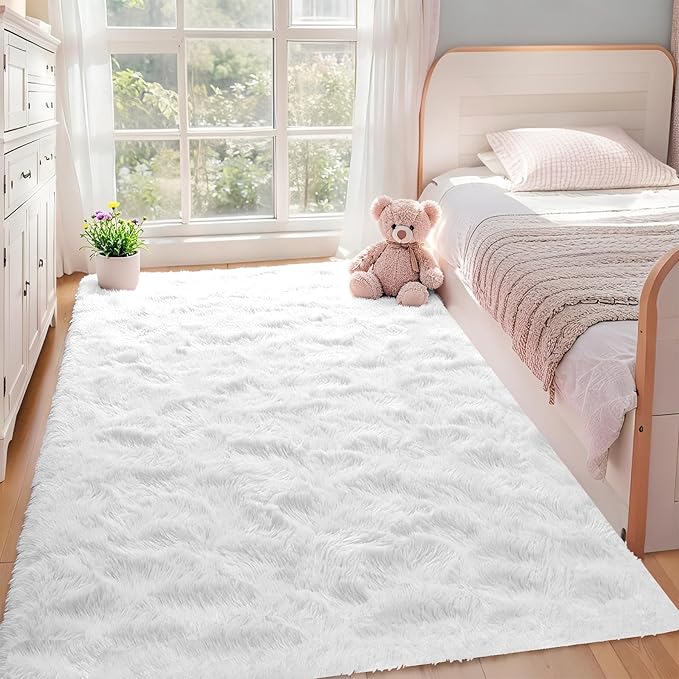 White Rugs for Bedroom: 4x6 Fluffy Shag Soft Washable Rug Fuzzy Plush Indoor Carpet for Living Room Kids Girls Boys Room Nursery Dorm (White, 4'x6')