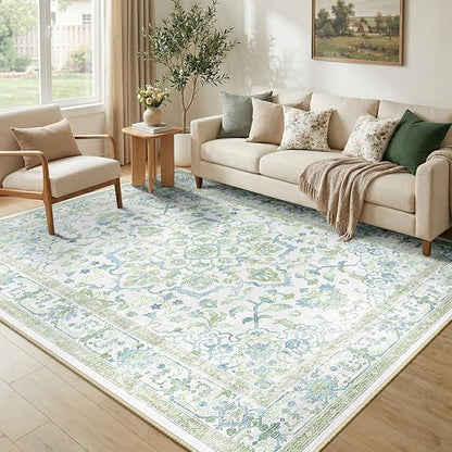 CAPALOCA Machine Washable Rugs Nursery Rug 6x9 Cute Girl Non Slip Low Pile Water Repellent Soft Print Pattern for Bedroom Indoor Decor Kids Playroom Green Blue