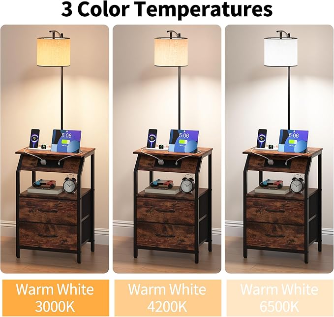End Table with Floor Lamp, Nightstand with Charging Station, Floor Lamp Table with 3-Color Temperature Bulb, Bedside Table Night Stand with 2 Drawers for Bedroom, Living Room, Brown