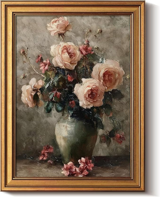 Bzstyleart Vintage Wall Art Decor for Living Room, Gold Framed Canvas Wall Art for Office, Flower Painting Framed Artwork, Canvas Print Painting for Bedroom Bathroom, Magnolia Flower 12L x 16W