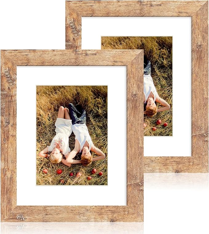 iRahmen 8x10 Picture Frame Set of 2, High Definition Real Glass Rustic Brown Wood Frame, Display Pictures 5x7 with Mat or 8 x 10 Without Mat for Tabletop or Wall Mounting