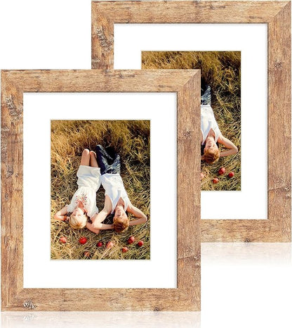 iRahmen 8x10 Picture Frame Set of 2, High Definition Real Glass Rustic Brown Wood Frame, Display Pictures 5x7 with Mat or 8 x 10 Without Mat for Tabletop or Wall Mounting