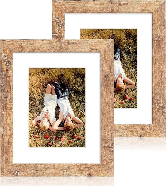 iRahmen 8x10 Picture Frame Set of 2, High Definition Real Glass Rustic Brown Wood Frame, Display Pictures 5x7 with Mat or 8 x 10 Without Mat for Tabletop or Wall Mounting