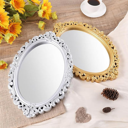 Ptwola 2PCS Vintage Decorative Wall Mirror Small Oval Wall Hanging Mirrors Antique Gold Carved Framed Mirror for Entryways Bedroom Living Room Dresser Decor
