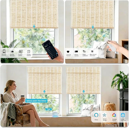 Motorized Bamboo Roman Shades, Motorized Blinds with Remote Compatible with Homekit, Alexa GoogleHome, Smart Wood Woven Shades for Indoor Windows, Customize, Sol Fringe