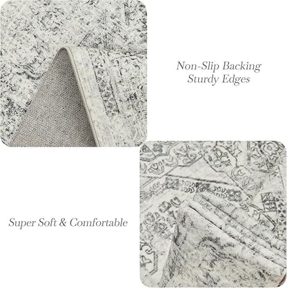 Soalmost 5x7 Area Rugs Grey Low Pile Indoor Washable Trendy Faded Style Floral Rugs for Bedroom Living Room Dining Room Foldable Non-Slip Thin Print Mat