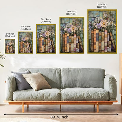 Large Gold Framed Stained Glass Books Wildflower Canvas Poster Print Vintage Floral Library Wall Art Trendy Flower Artwork Mid-century Botanical Book Stack Painting Pictures Wall Decor 24x36inch