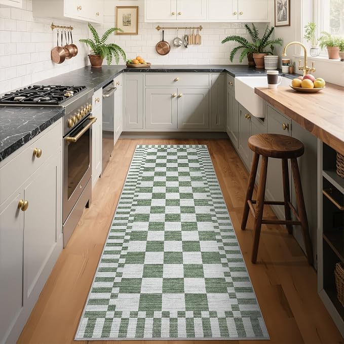 GarveeHome 2×10 Kitchen Runner Rug Non Slip,Sage Green Checkered Rug,Washable Runner Rug for Hallway Soft Low-Pile Geometric Checkerboard Rugs for Entryway Kitchen Dining Room