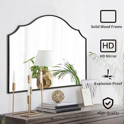 Besdomus Scalloped Arched Mirror for Mantel: 35"x26" Black Modern Wooden Wall Mirror - Minimalist Decorative Dresser for Vanity/Bathroom/Bedroom/Fireplace/Living Room/Entryway - Stylish Home Decor