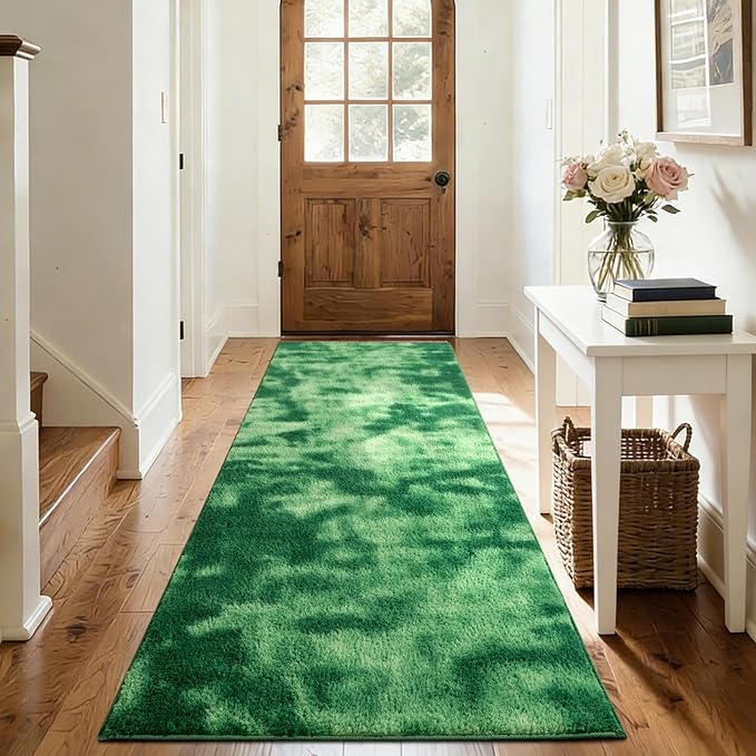 FinRèc 2x8 Washable Runner Rugs for Kitchen Hallway Bedroom, Low Pile Thin Ultra Soft Shag Rug, Non-Slip Carpet Indoor for Home Decor (Tie-dye Green)