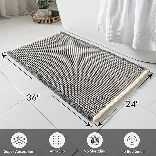 MIULEE Set of 2 Waffle Bathroom Rugs, Boho Bath Rugs Non Slip Washable, Super Absorbent Bath Mats, Ultra Soft Rubber Backed Shower Mats for Bathroom Floor, Tub, Shower, Dark Grey & Yellow, 24x36 Inch
