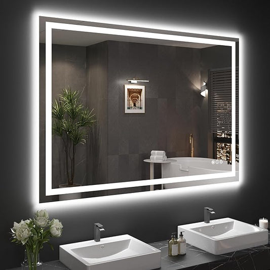 Snowdool 48"X36" LED Bathroom Mirror with Front Lights and Backlit, Anti-Fog, Dimmable, Shatter-Proof Tempered Glass, Lighted Bathroom Vanity Mirror for Wall with 3 Colors, Memory Function