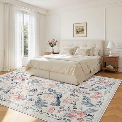 5x7 Area Rugs Washable Rug: Lagre Boho Living Room Rug Soft Non-Slip Thin Carpet Indoor Floor Non-Shedding Neutral Floral Carpets for Bedroom Dining Room Farmhouse Nursery Multi