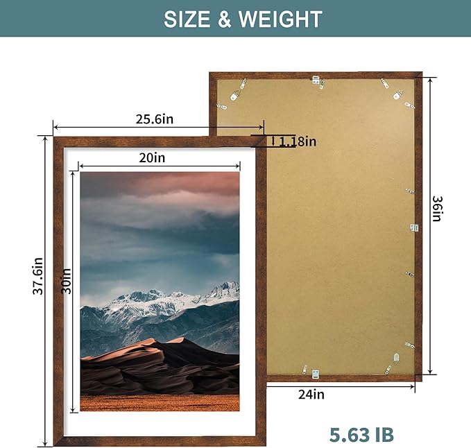 iRahmen 24x36 Poster Frame with 20x30 Mat - Plexiglass Wooden Picture Frames for Photo Wall Gallery Mounting (Dark Brown, Set of 2)