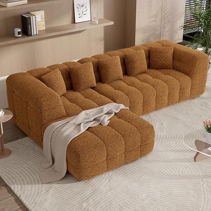 107" Boneless Couch with L - Shaped Chaise, Modern Chenille Modular Sectional Sofa with Tufted Design, Comfy Upholstered Sofa, No - Assembly Sectional Couch, Orange-Brown