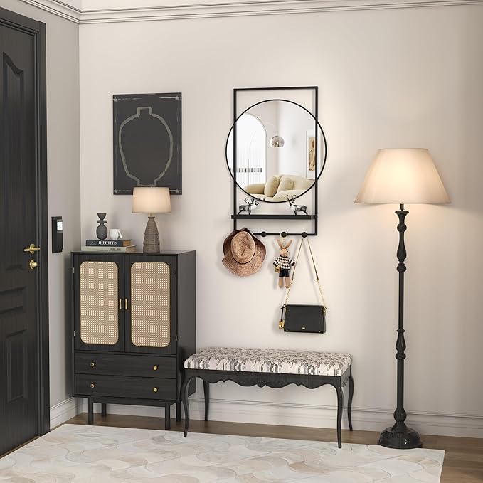 28 x20 Inch Entryway Mirror with Hooks, Bathroom Mirror with Shelf, Rectangular Frame Round Wall Mirror with Shelf and Hooks, Vanity Mirror Decorative for Wall