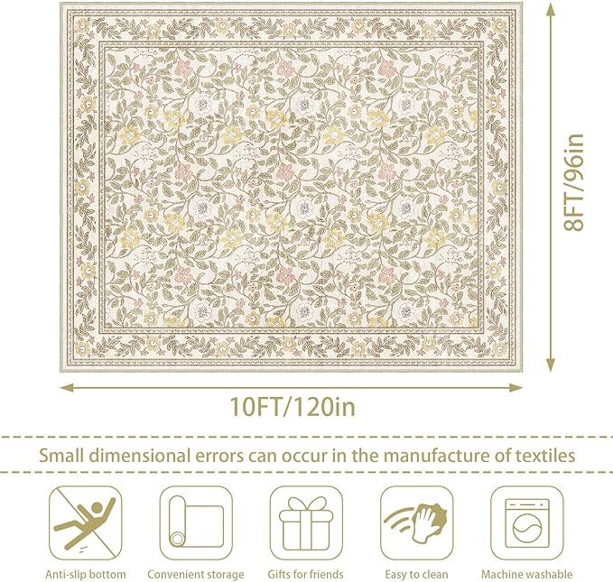 8x10 Area Rugs for Living Room, Floral Vintage Washable Large Soft Non-Slip Low Pile Carpet Indoor Floor Stain Resistant for Bedroom Dining Room, Beige/Multi