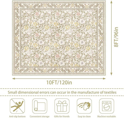8x10 Area Rugs for Living Room, Floral Vintage Washable Large Soft Non-Slip Low Pile Carpet Indoor Floor Stain Resistant for Bedroom Dining Room, Beige/Multi
