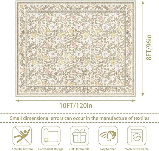 8x10 Area Rugs for Living Room, Floral Vintage Washable Large Soft Non-Slip Low Pile Carpet Indoor Floor Stain Resistant for Bedroom Dining Room, Beige/Multi