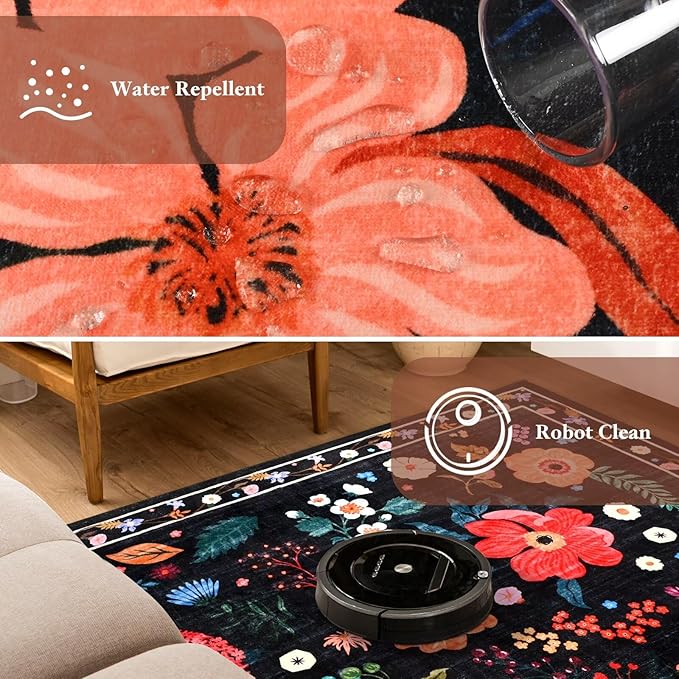 Macgace 2x6 Floral Runner Rug, Flowers Printed Washable Rugs with Non Slip Backing for Girls Bedroom Kitchen Hallway,Cute Carpet Runners Home Aesthetic Decor, Black