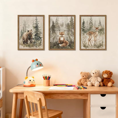 Framed Woodland Wall Art Nursery Decor Set of 3, Cute Wild Animals Bear Fox Deer Canvas Wall Art, Nature Watercolor Prints, Animal Pictures Wall Decor for Baby Room Kids Bedroom – 16x24 inch