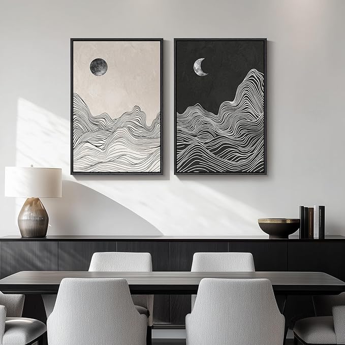 Framed Black and White Abstract Wall Art, 2 Piece Modern Canvas Prints Paintings Artwork for Walls, Abstract Mountain and Moon Pictures for Bedroom, Living Room, Dining Room Wall Decor 16x24 In