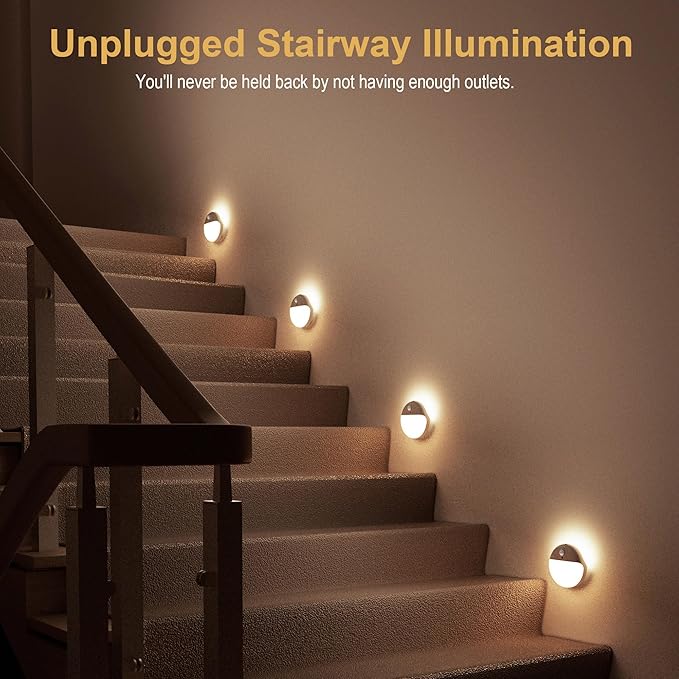 YUNLEX 4 Pack Stair Lights Indoor, 2.6" Small Stick on Lights, Dimmable Motion Sensor Night Light, 3 Light Modes, Portable Battery Night Light for Corners, Cabinet, Toilet, Bedroom, Kids, Warm White