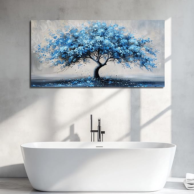 KELIYUAN Canvas Wall Art For Living Room Framed Wall Decorations For Bedroom Office Wall Decor Abstract Painting Blue Tree Pictures Artwork Ready To Hang Guesthouse Room Mural Home Decor 20x40 In