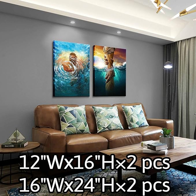 2 Pcs Framed Jesus wall art The Hand of God Jesus Reaching Into Water Christ Religion Canvas Wall Decor Blue Ocean Bible Pictures Posters Prints Paintings for Living Room Bedroom Church Decorations
