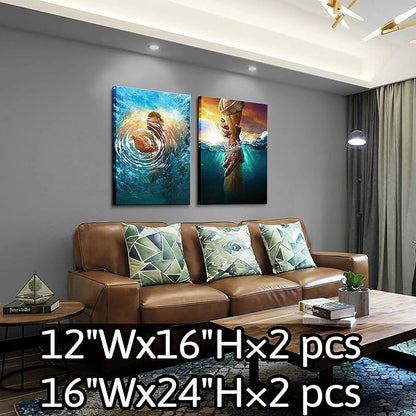 2 Pcs Framed Jesus wall art The Hand of God Jesus Reaching Into Water Christ Religion Canvas Wall Decor Blue Ocean Bible Pictures Posters Prints Paintings for Living Room Bedroom Church Decorations