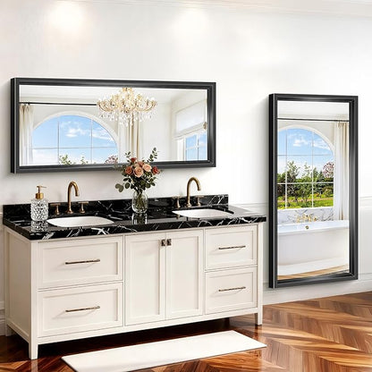 Large Bathroom Mirror, 60 x 28 Inch Rectangular Wall Mirror 0.6" Thickened Deep Frame, Brushed Black Mirrors for Bathroom Sink, Shatterproof Tempered Glass, Antirust, Horizontally or Vertically