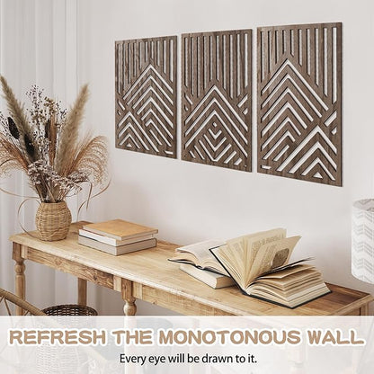 3PCS Wood Mountain Wall Art, Modern Wooden Panel Mountain Wall Decor, Decorative Forest Nature Abstract Line Minimalist Wall Art for Living Room Bedroom Farmhouse, 16.5x 12.5in (Dark brown)