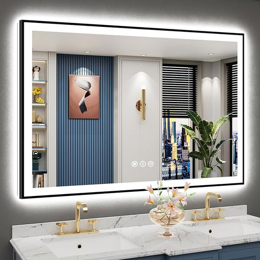 55x36 Black Framed LED Bathroom Mirror with Lights, Backlit and Front Lit Anti-Fog Lighted Vanity Mirrors for Bathroom Wall, Dimmable, 3 Colors, Memory, HD Tempered Glass, Horizontal/Vertical