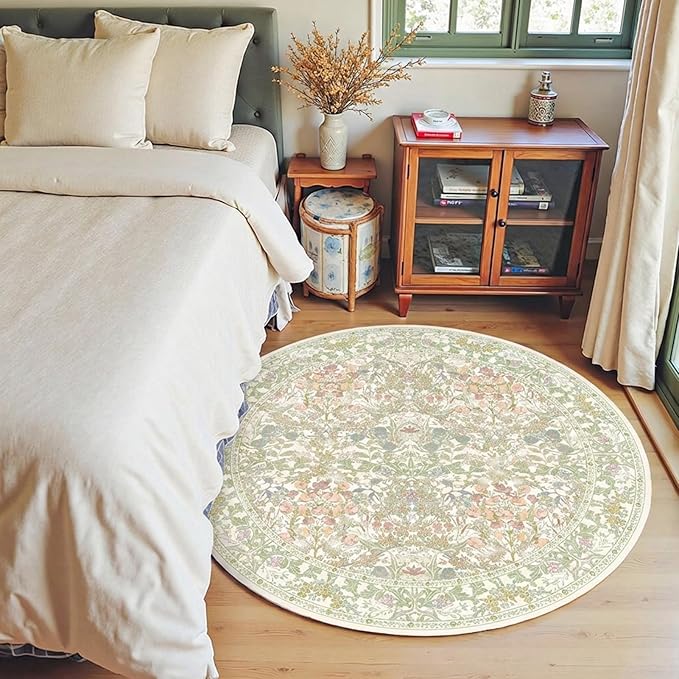Sage Green 4ft Round Rug for Entryway - Small Circle Rug for Nursery, Living Room, Bedroom, Home Office, Boho Washable Non Slip Soft Carpet Décor