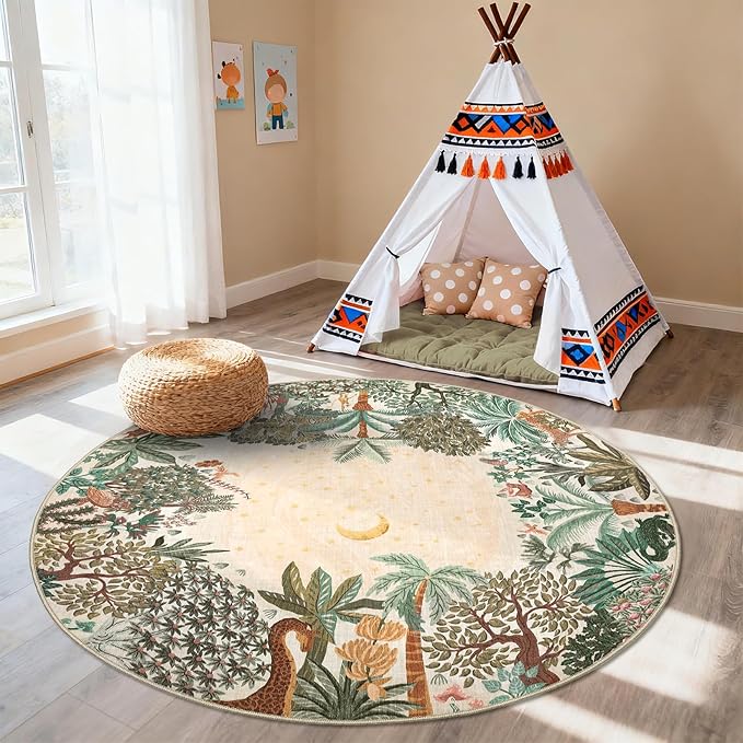 GarveeHome Round Area Rugs 8ft for Living Room, Large Beige Jungle Washable Circle Rug Soft Non Slip Forest Animal Print Floor Mat Tiger Carpet Indoor Thin Rug for Bedroom Dining Room Playroom Nursery