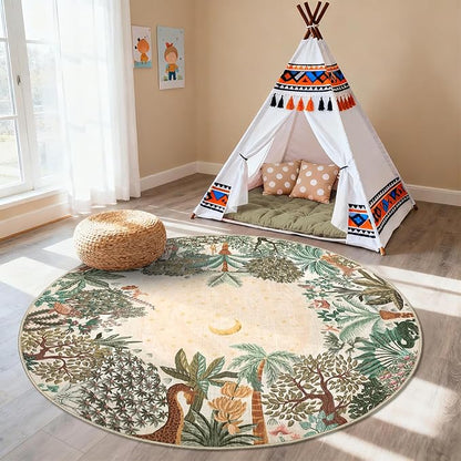 GarveeHome Round Area Rugs 4ft for Kids Room, Beige Jungle Washable Circle Rug Soft Non Slip Forest Animal Print Floor Mat Tiger Carpet Indoor Thin Tent Rug for Bedroom Dining Room Playroom Nursery