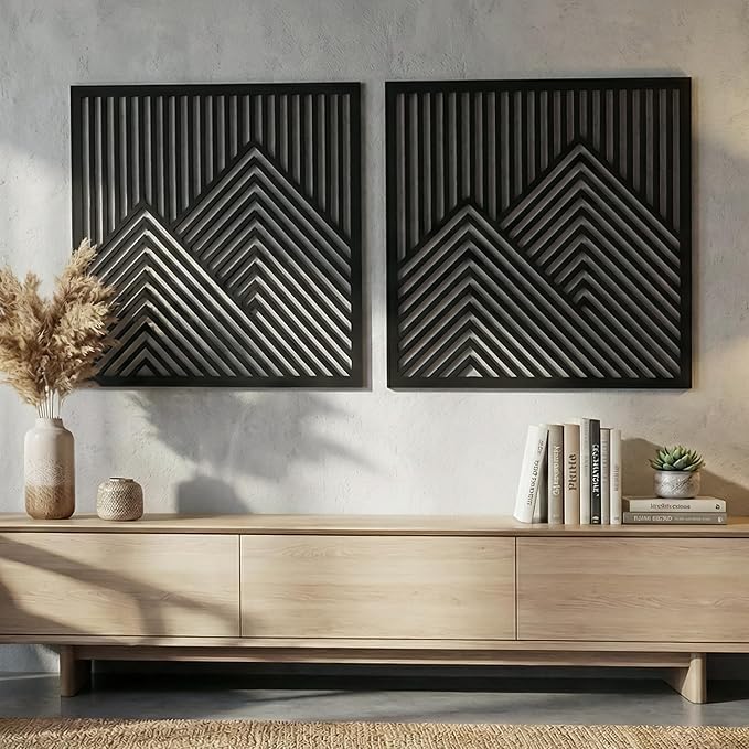 River's Edge Essentials Wood Mountain Wall Decor – Set of 2 Modern Wood Wall Art for Living Room, Bedroom & Cabin | Wooden Mountain Wall Art Decor | Rustic Geometric Nature Panels, Large 21.5”
