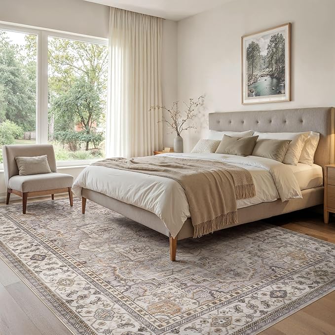 EIEIHOUSE Washable Area Rugs for Living Room - 10x14 Neutral Vintage Distressed Floral Farmhouse Boho Large Soft Floor Rug Indoor Non Slip Carpet for Bedroom Dining Room Office - Grey Brown